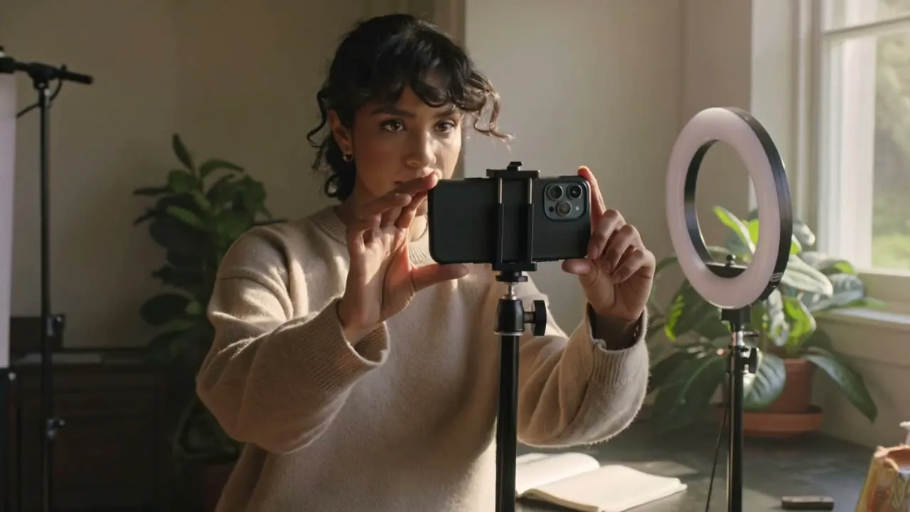 Imagen generada: una creadora ajusta su celular en un trípode con aro de luz para grabar una clase