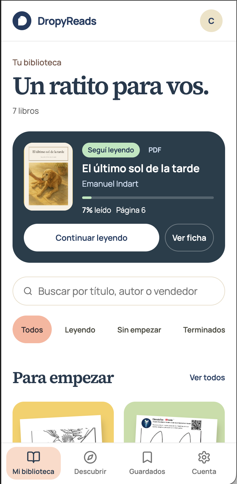 Biblioteca de DropyReads dentro de un marco de iPhone